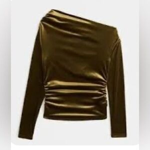 Abercrombie & Fitch Velvet One Shoulder Top Olive Ruched Stretch L Chic